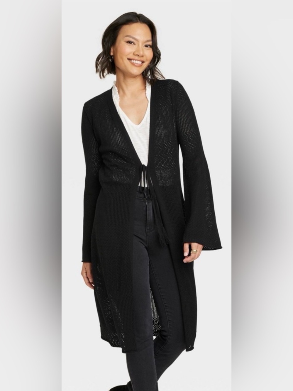 Black Pointelle Duster
Cardigan with Tassle Front Tie
Closure, EUC